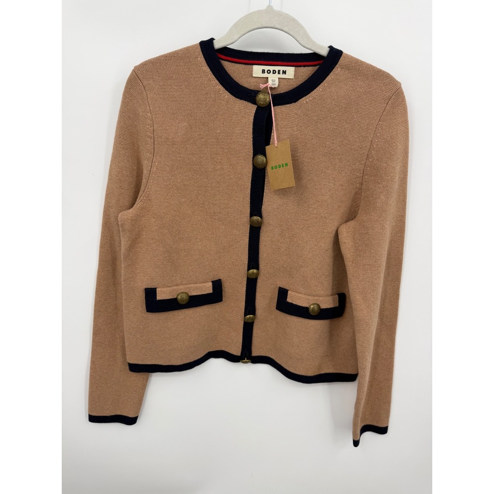 Boden Holly Knitted Jacket Women Size 8 Tan Navy Blue Cotton Crest Cardigan